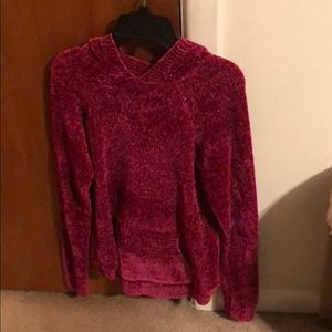 Chenille type sweater, pullover with a hood.